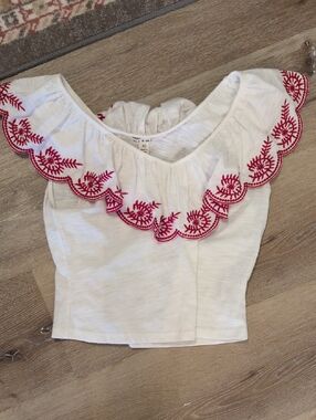 miami White Off-Shoulder Crop Top with Pink Embroidered Ruffle